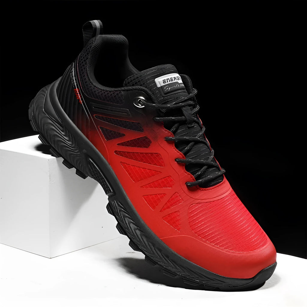 Men's black and grey breathable mesh running shoe with lace-up front and rubber sole