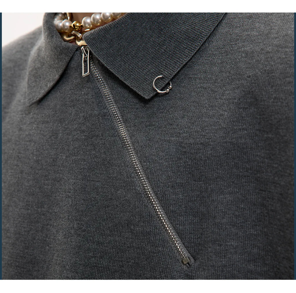 Men's slim-fit knitted polo shirt with ice-feel fabric and oblique zipper lapel collar in solid colour