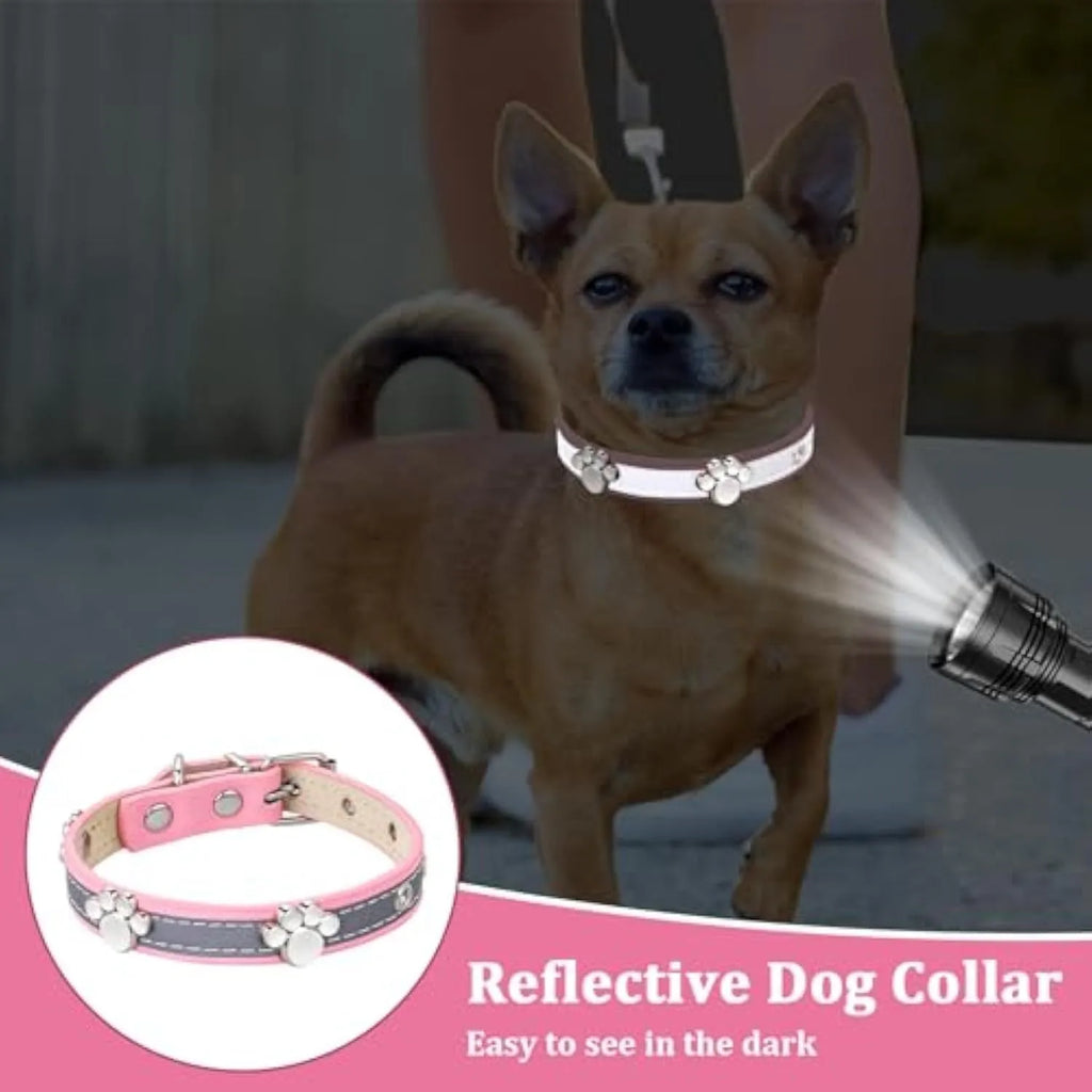 Reflective adjustable PU leather dog collar with a metal paw-shaped rivet on a size chart.
