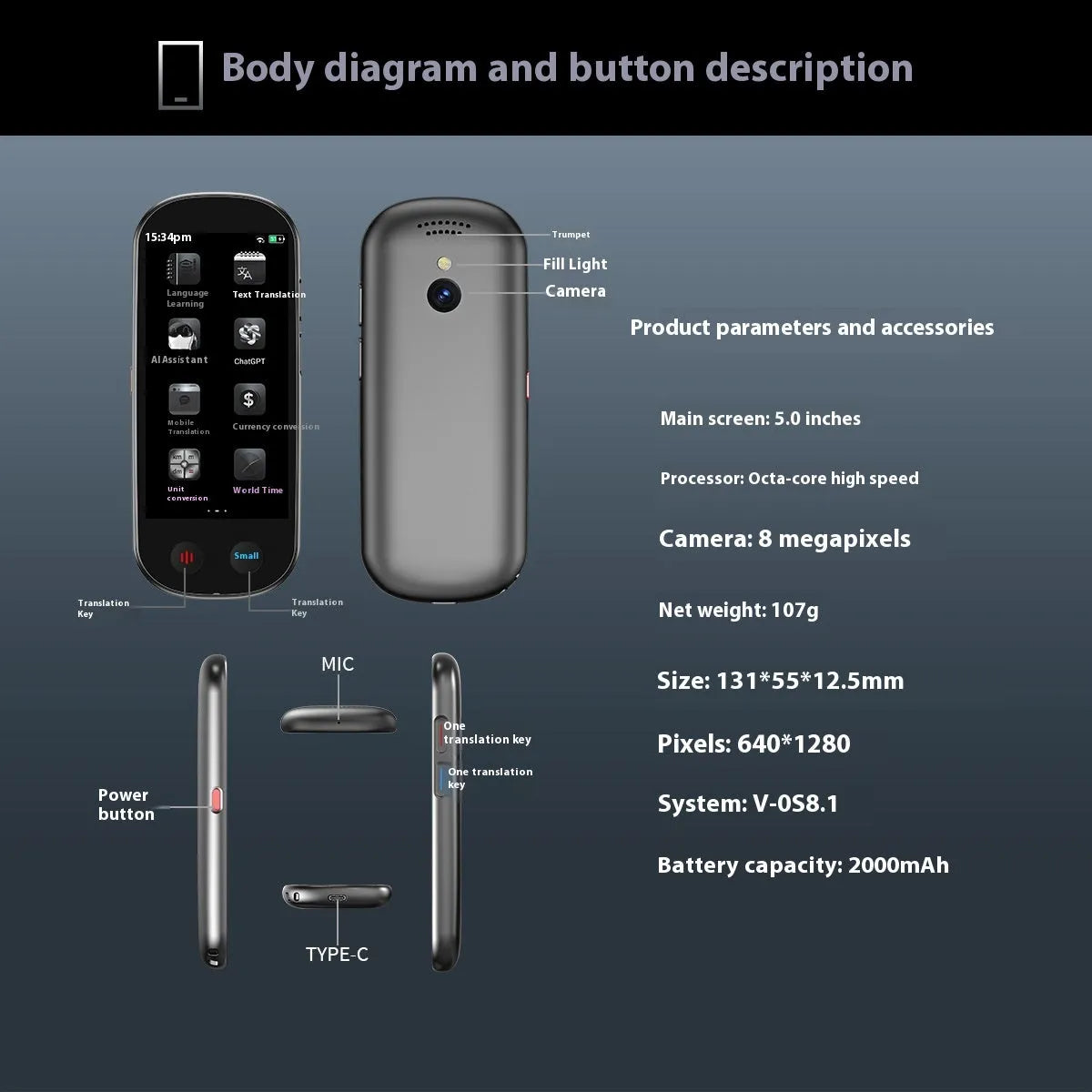 Black portable simultaneous interpretation translator with lanyard and charging cable for business use