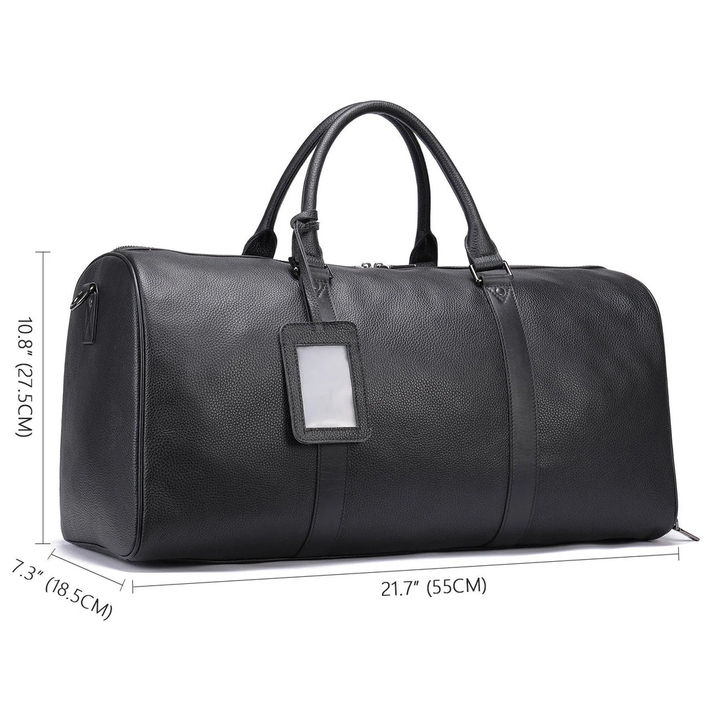 Men's black leather tote bag with single strap showing top-layer cowhide texture and generous capacity