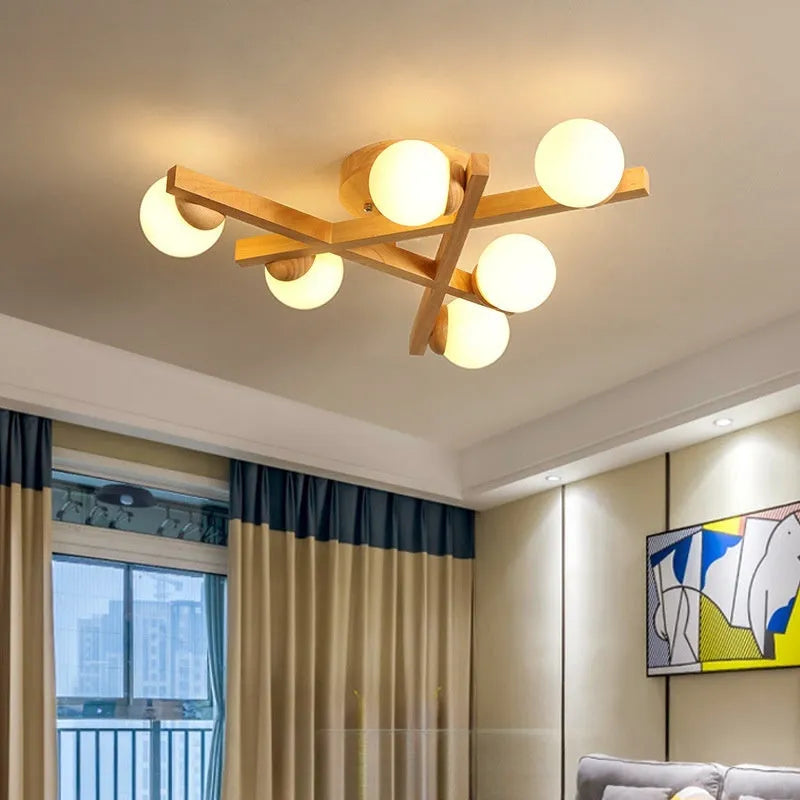 Wooden style Scandinavian three-head ceiling light with flush mount installation