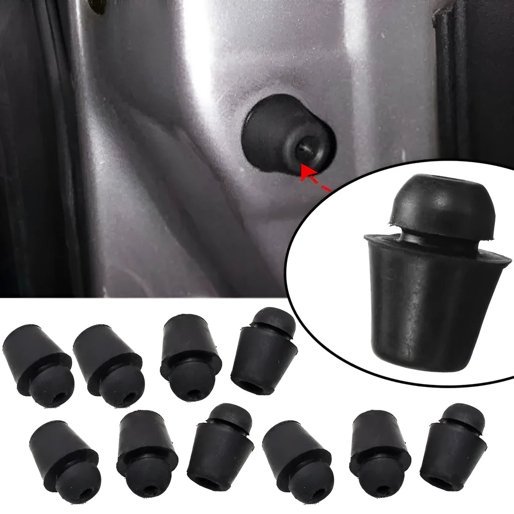 Ten black rubber automobile buckle clips with integrated shock absorbers for damping trim vibration.