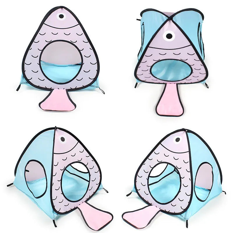 Foldable pet tent cat tunnel playhouse with fish toy in cat and fish themed design
