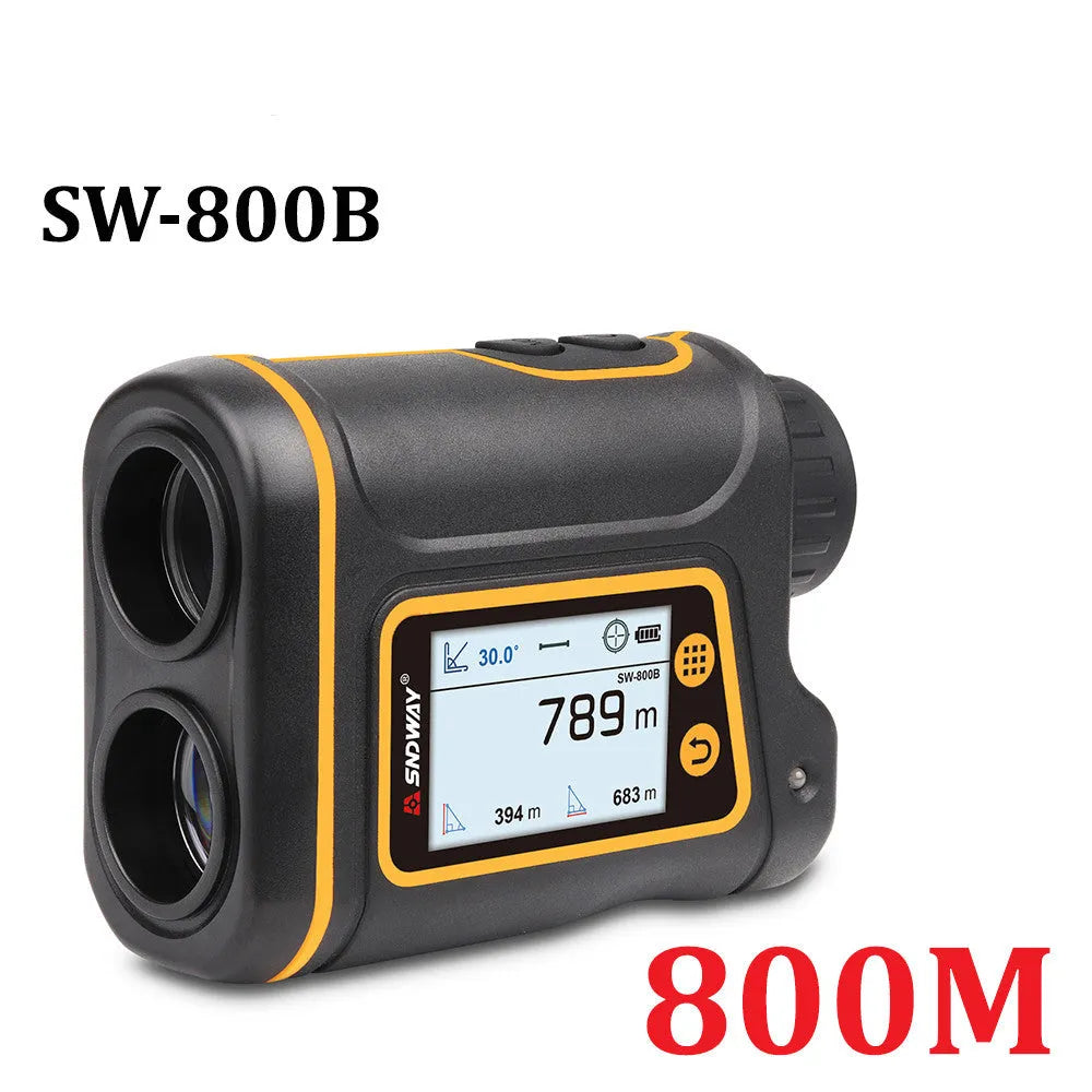 Black handheld golf laser rangefinder unit showing compact size and display.