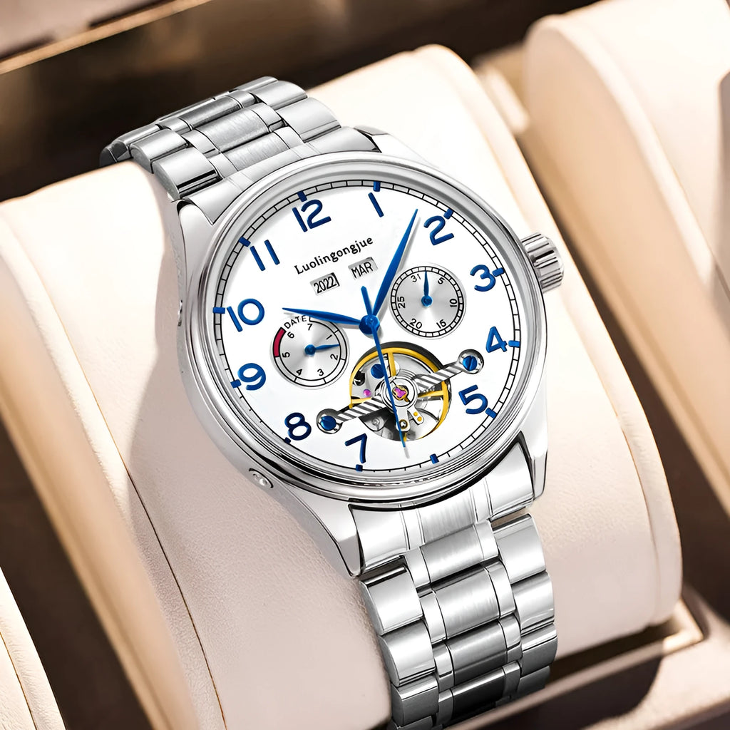 Men's business mechanical watch with stainless steel case, sapphire crystal, leather strap, hollow dial, and transparent caseback