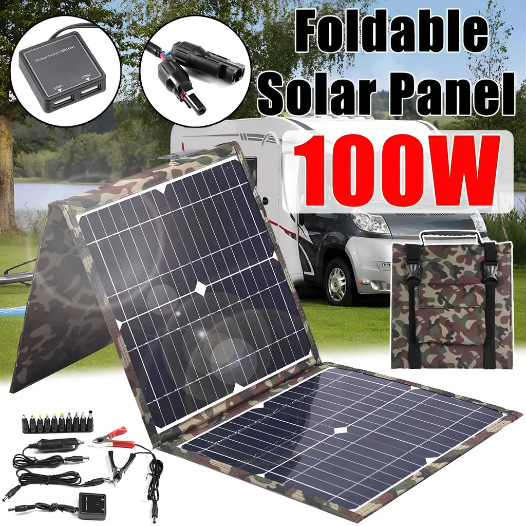 Black portable foldable 36W solar panel with car charger and USB accessories for outdoor device charging
