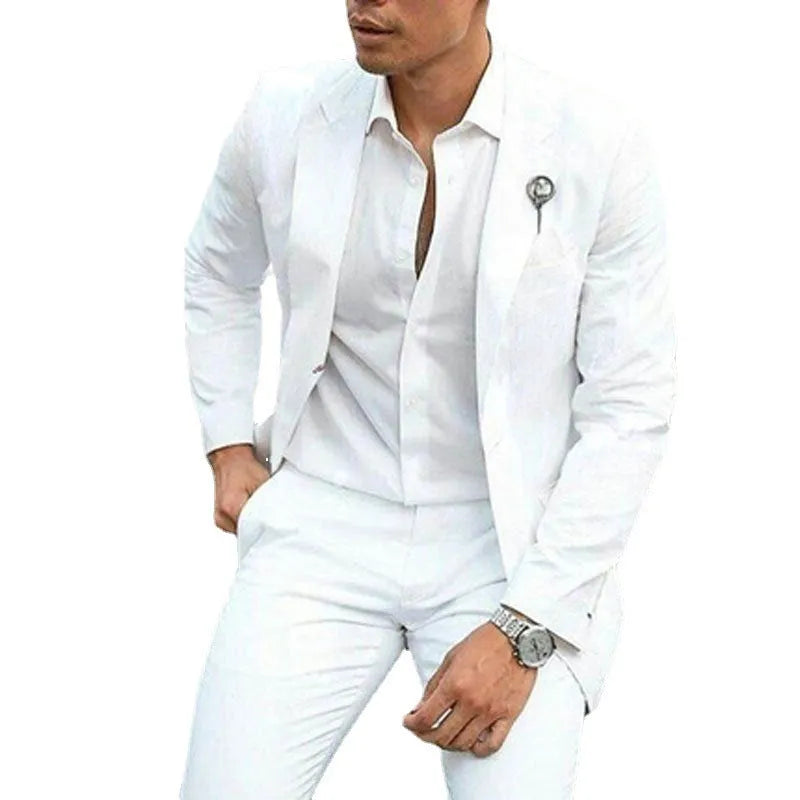 White men's two-piece slim fit wedding suit with jacket and trousers