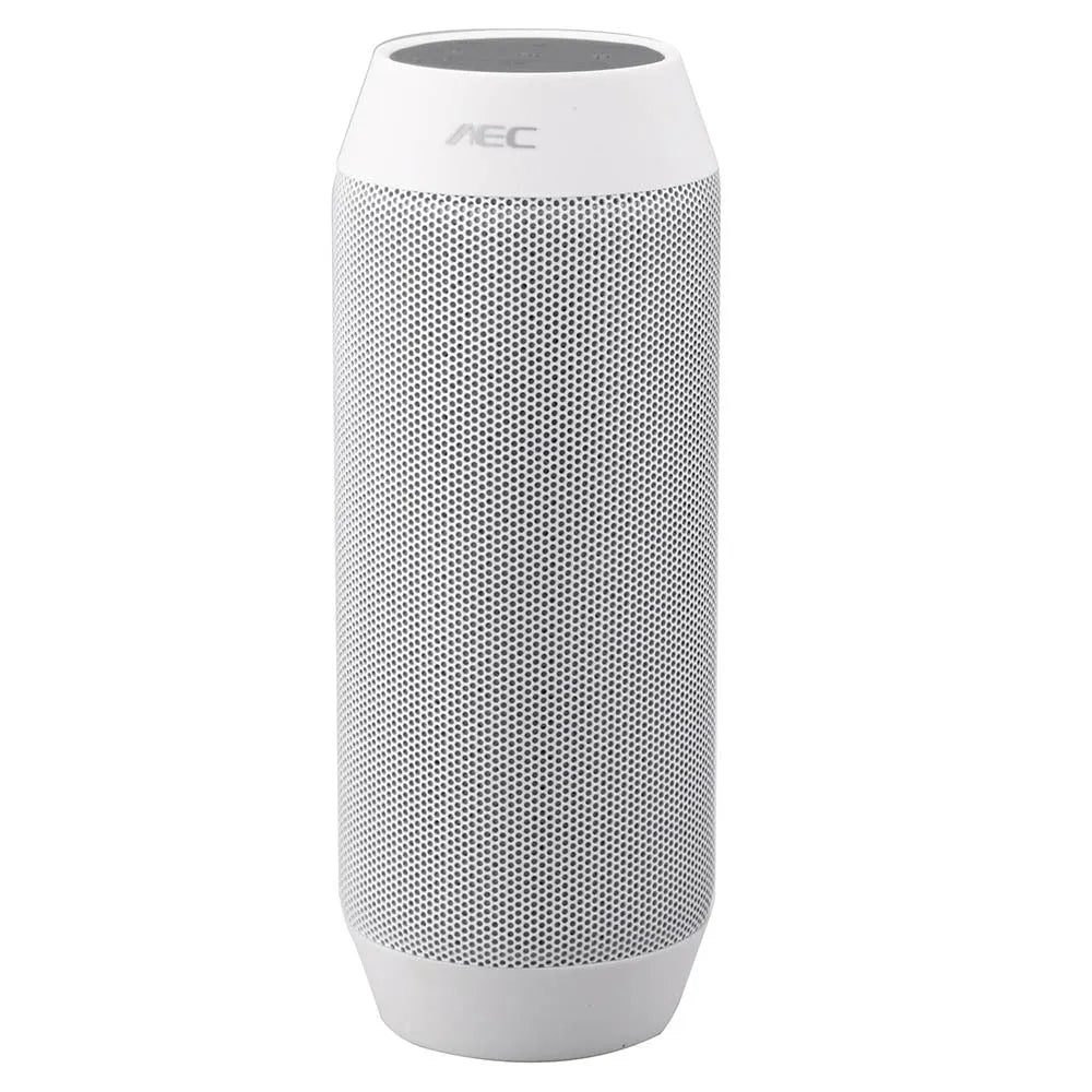 Small black or white portable Bluetooth speaker with a ring of colourful LED lights around its base.