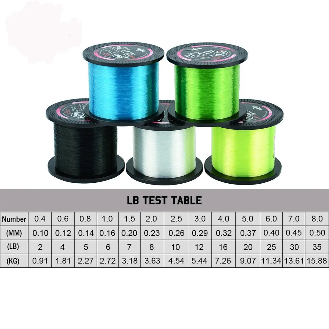 Seaknight1000 M nylon fishing line spool showing available colour options white, green, blue, yellow, and black