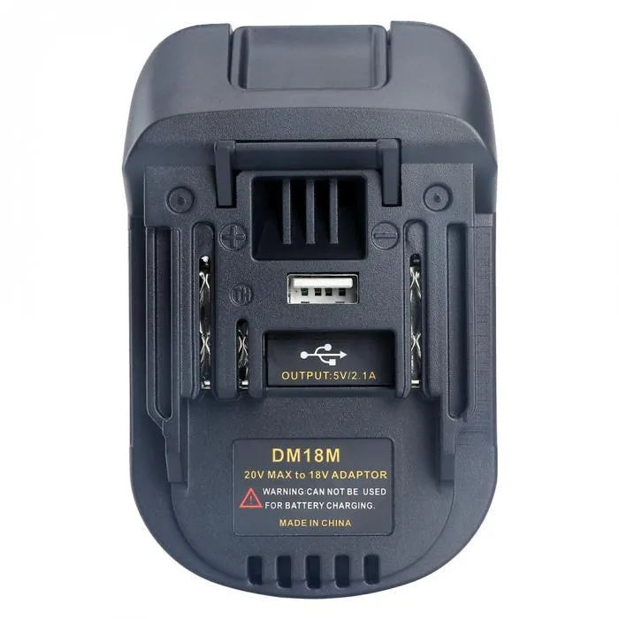 Black battery adapter connecting Milwaukee DM18M tools to Makita H99F batteries