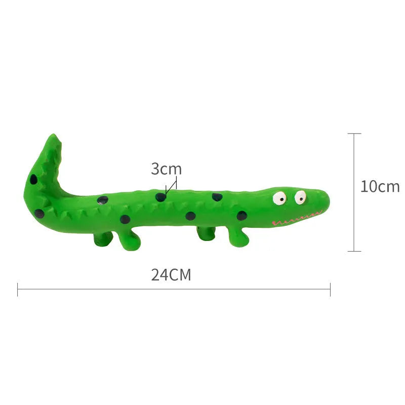 Green cartoon lizard-shaped dog chew toy with squeaker for aggressive chewers.