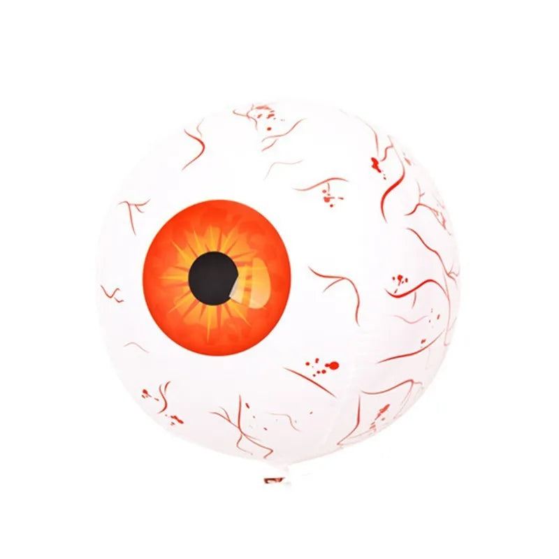 Green Halloween balloon with detailed bloodshot eyeball design, shown inflated.