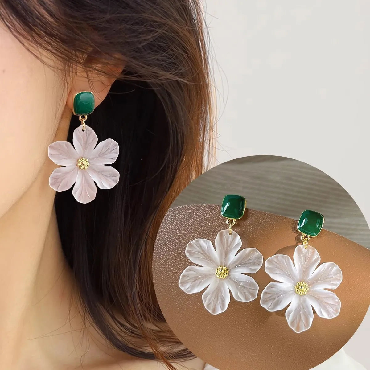 Dark green needle flowers sweet earrings with sterling silver tone finish