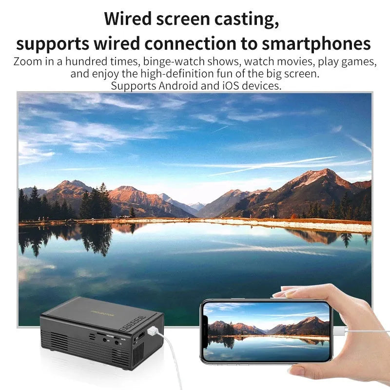 Black and white portable mini projector with wired mobile phone connection and international power plugs