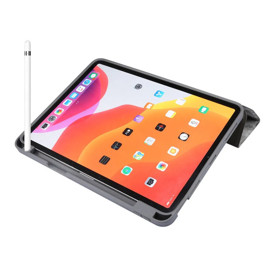 Tri-fold marbling design iPad case with pen slot in multiple colour options showing plane housing position