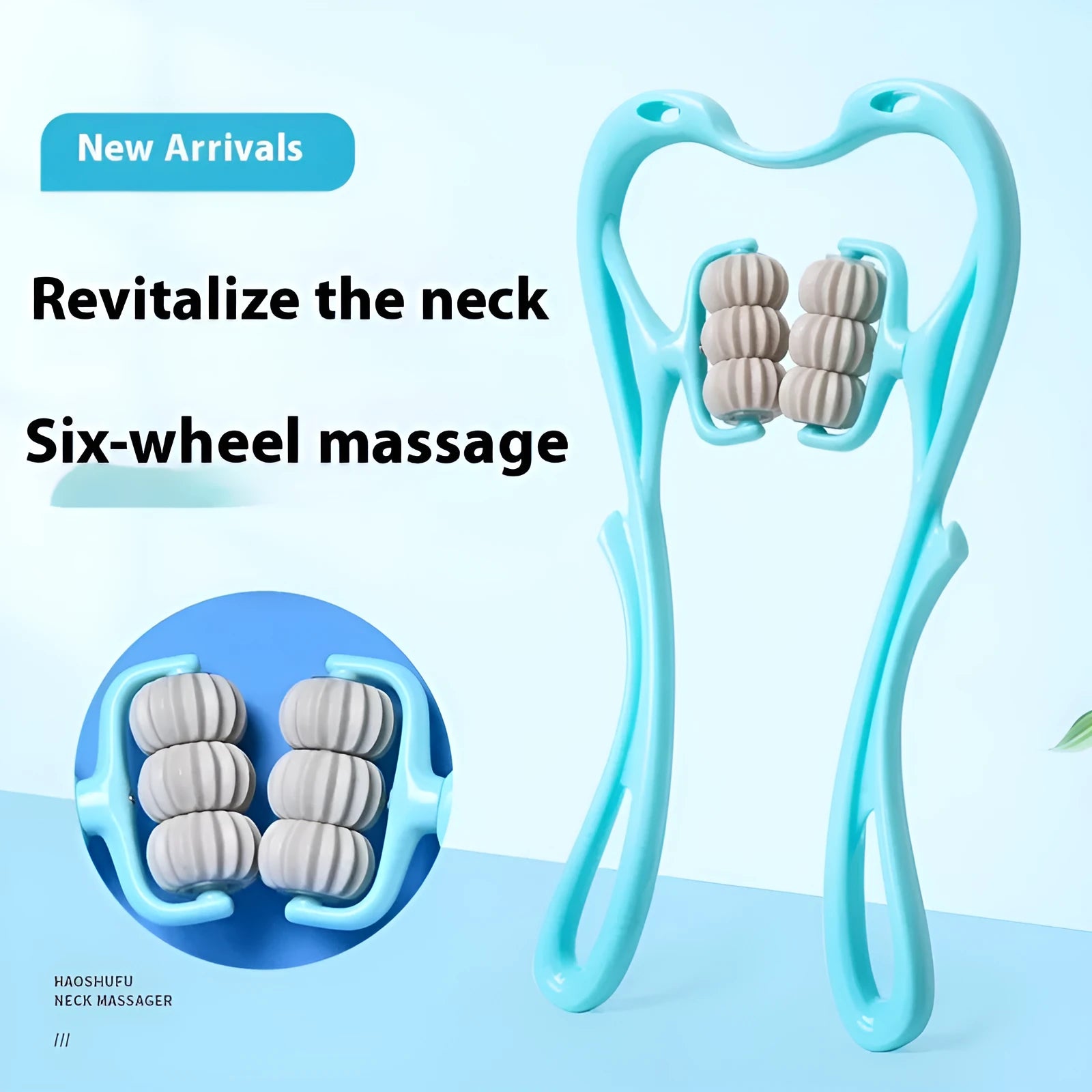 Blue plastic handheld massager with six rotating wheels for neck and shoulder massage.