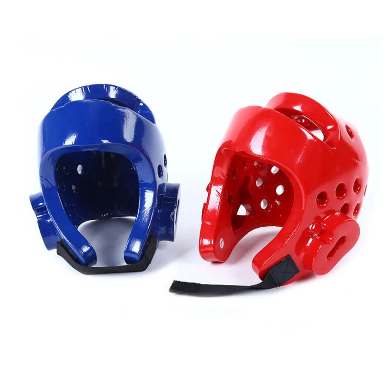 Red and blue karate taekwondo protective gear set showing leg guards, helmet, and boxing gloves