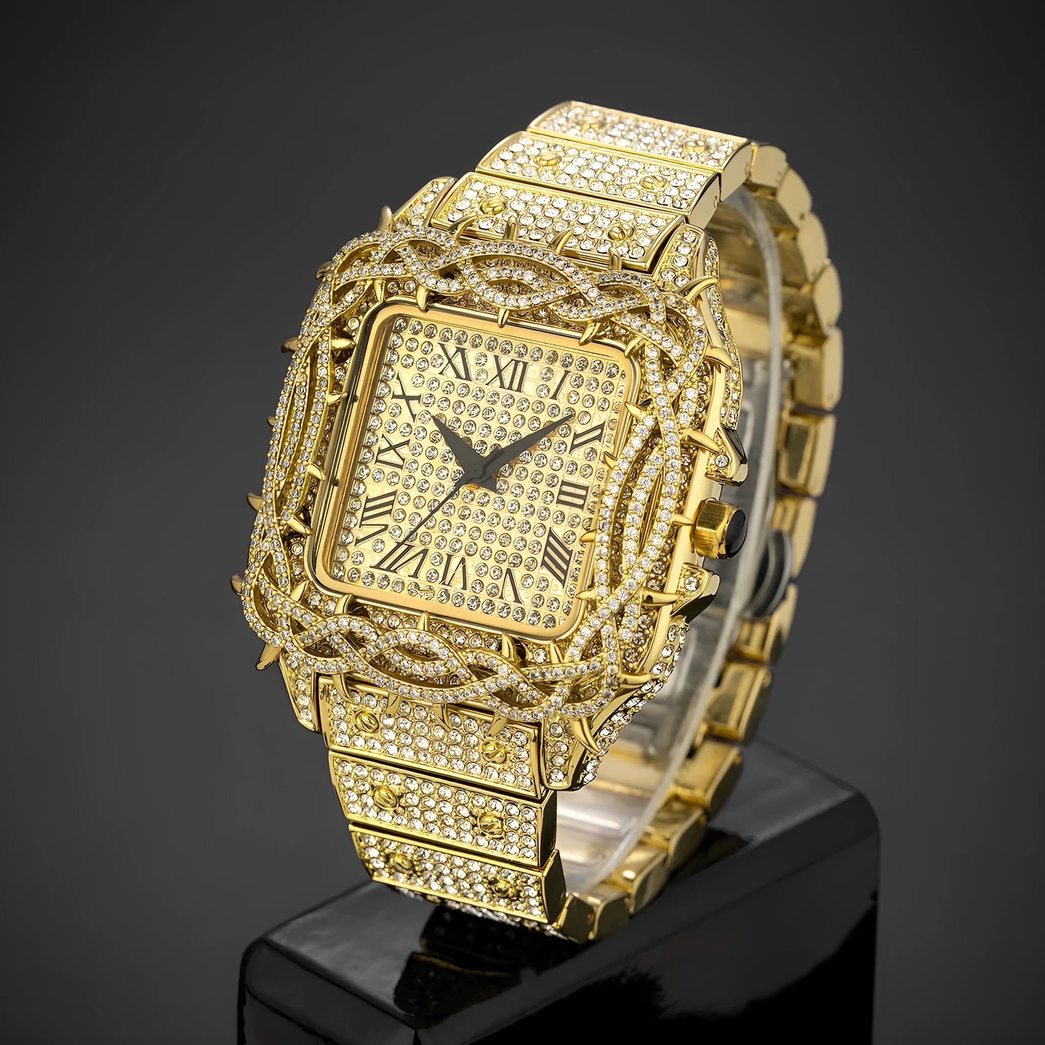 European hip hop ice watch with square full diamond case, thorn dial inlaid with zircon stones, in silver colour