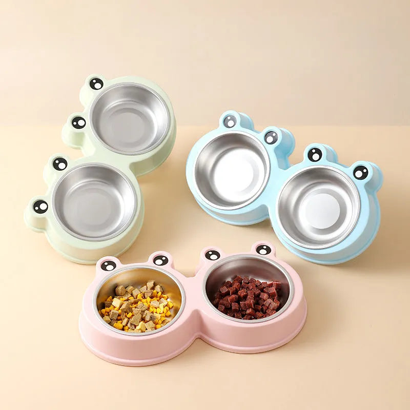 Stainless steel pet double bowl with food and water compartments in blue, green, and pink colour options
