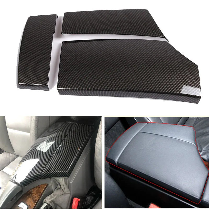 Set of three black ABS armrest box covers with a diagonal carbon fibre pattern and shiny finish.