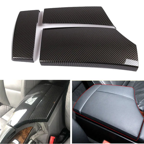 Set of three black ABS armrest box covers with a diagonal carbon fibre pattern and shiny finish.