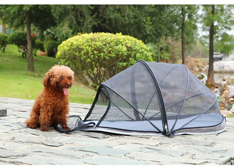 Folding pet tent with half mesh panels shown in blue colour option for cat travel and camping