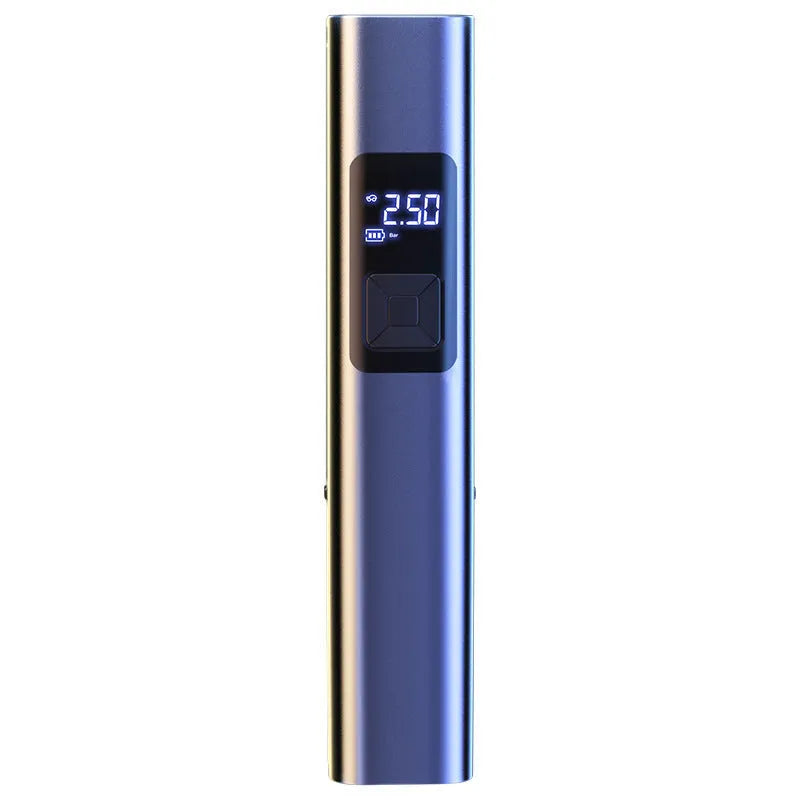 Wireless digital display car air pump and vacuum cleaner unit with accessories on a grey background