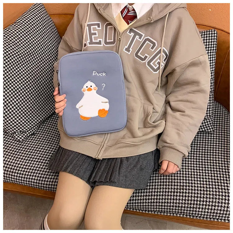 Cartoon cute duck embroidery tablet case with zipper closure in cotton material