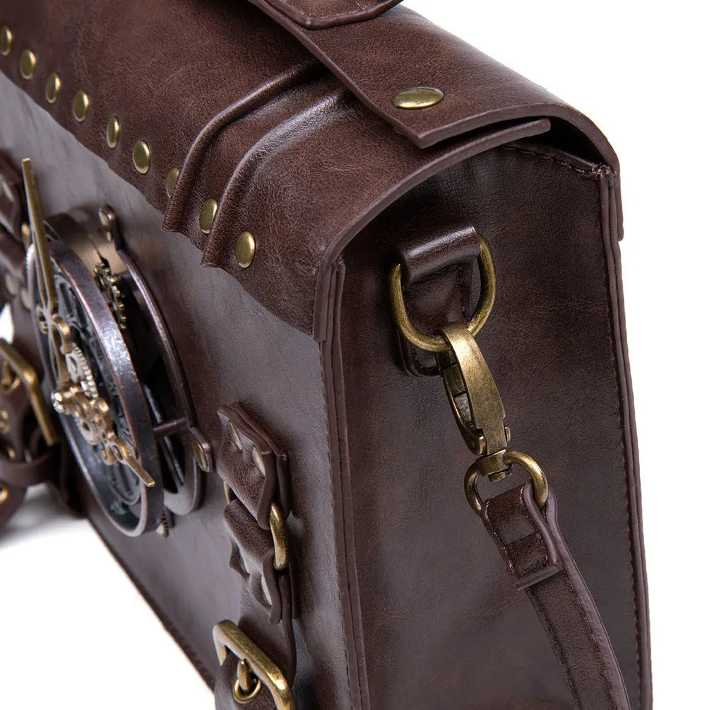 Bronze steampunk industrial retro shoulder bag with metal hardware details