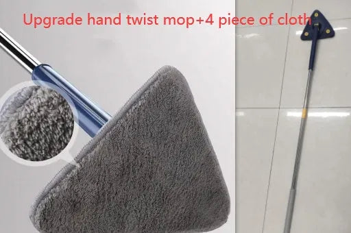 Extendable triangle mop with rotating blue head and stainless steel pole for cleaning corners and walls