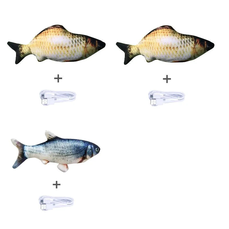 Multicolour electronic fish cat toy measuring 30cm with USB charging cable