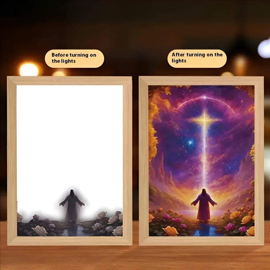 Modern rectangular LED light painting frame showing a sea and home scene on a wall.