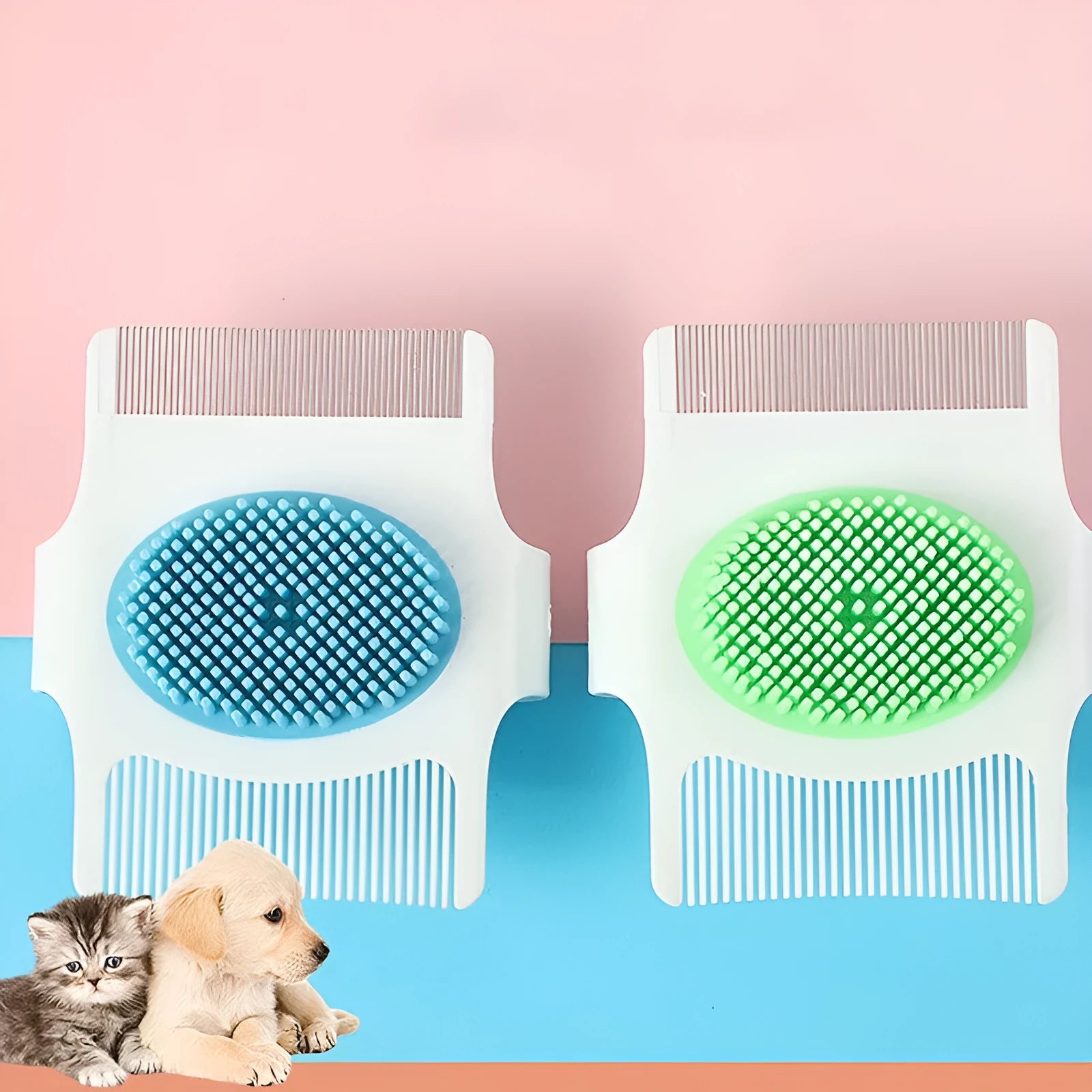 Blue and green multifunctional dog grooming comb with floating hair removal and massage feature