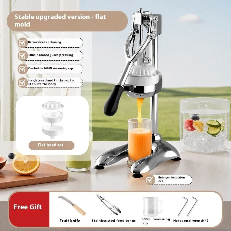 Stainless steel manual orange juicer with quick disassembly mechanism on a commercial countertop