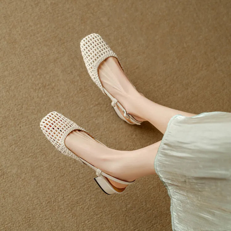 Women's black woven closed toe sandals with a square toe, buckle strap, and chunky 4cm heel.