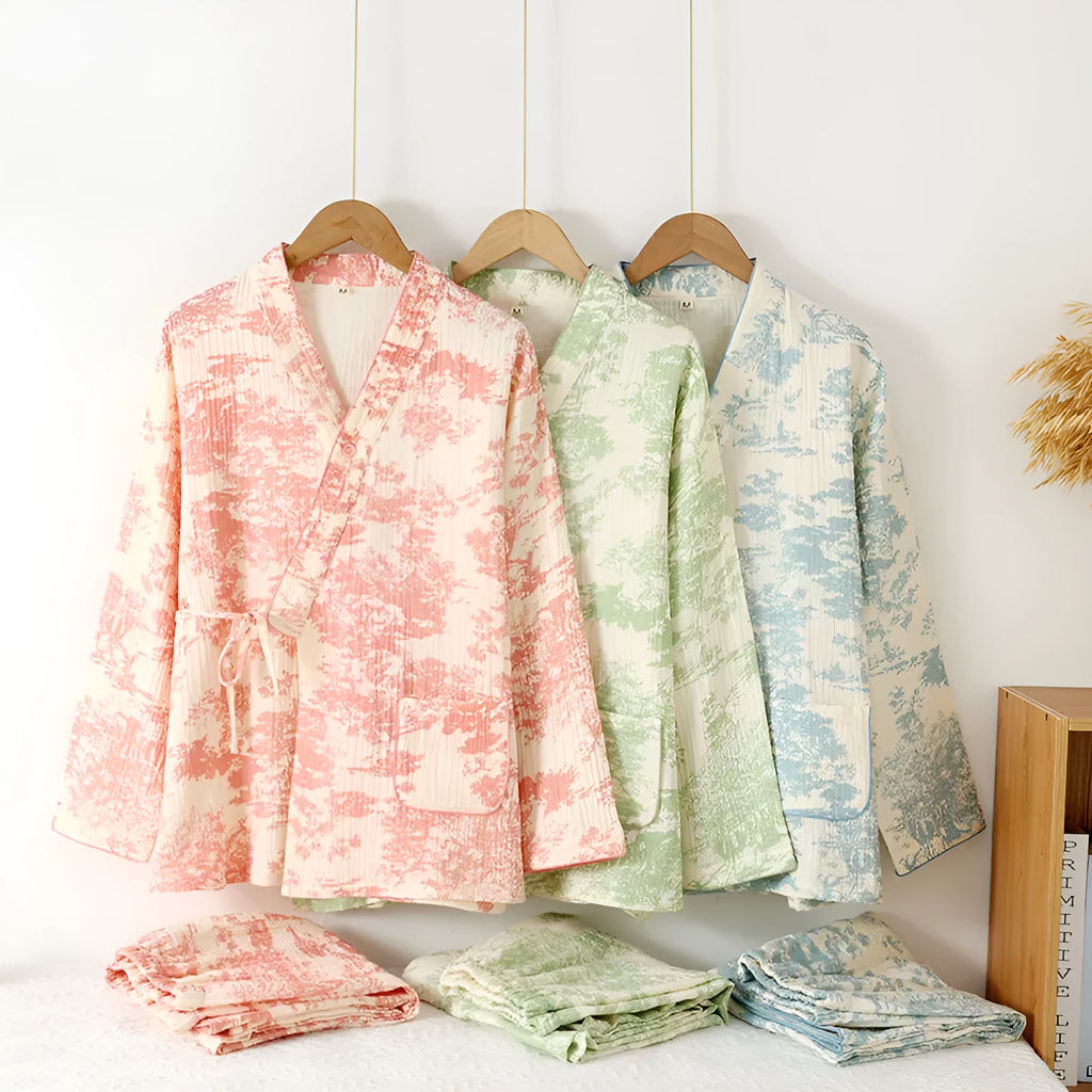 Women's pure cotton gauze long sleeve trouser suit in frosted pine trees colour
