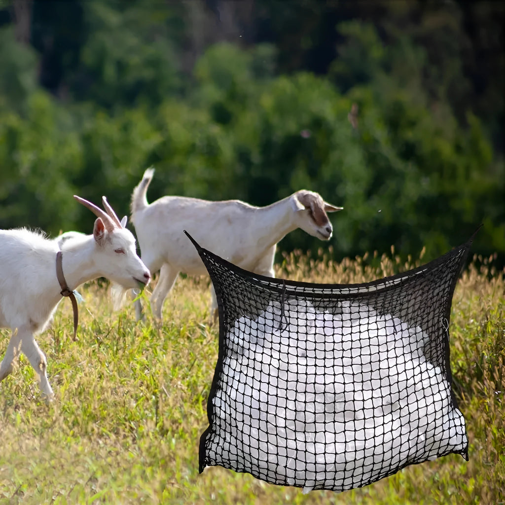 Woven grid horse hanging feeding bag made from black PE rope with open square pattern for livestock feeding