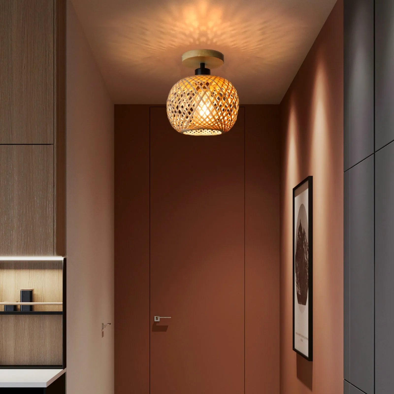 Japanese pastoral style bamboo ceiling lamp for hallways and corridors in natural wood colour.