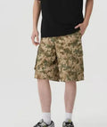 American retro camouflage work shorts in loose cropped fit on mannequin