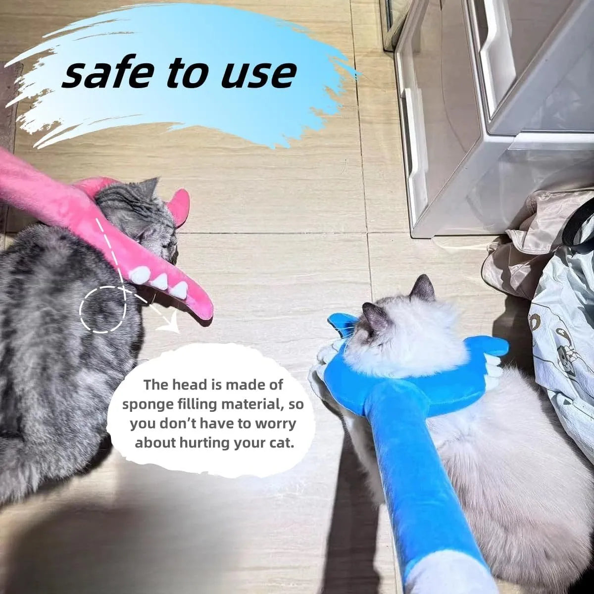 Blue and pink plush cat wand toys showing 70cm length with plush wrapping