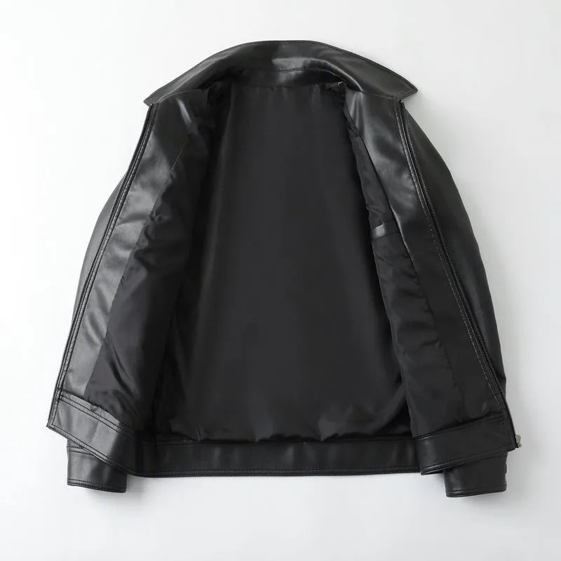 Men's solid black PU leather casual jacket with zipper pockets on a model