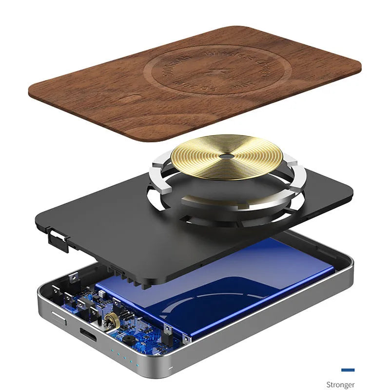Khaki coloured magnetic wireless charging power bank with USB port showing dimensions
