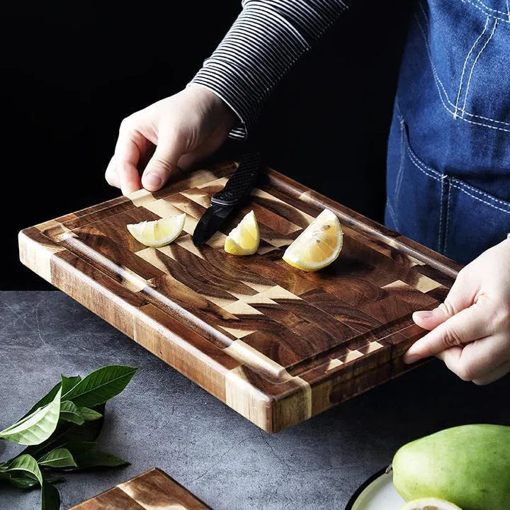 Brown acacia wood parquet cutting board 3cm thick for kitchen food preparation