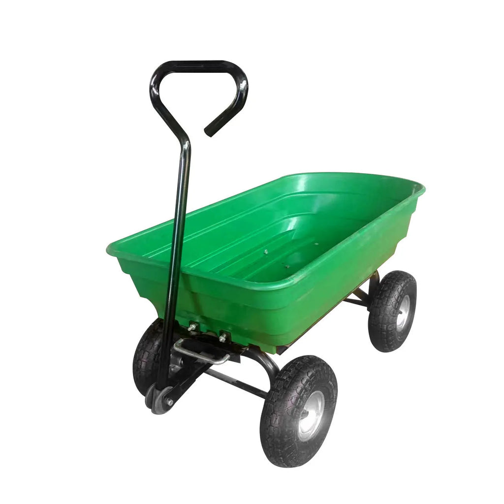 Green four-wheel agricultural dump truck with tipping bed, model TC2145, for hauling materials.