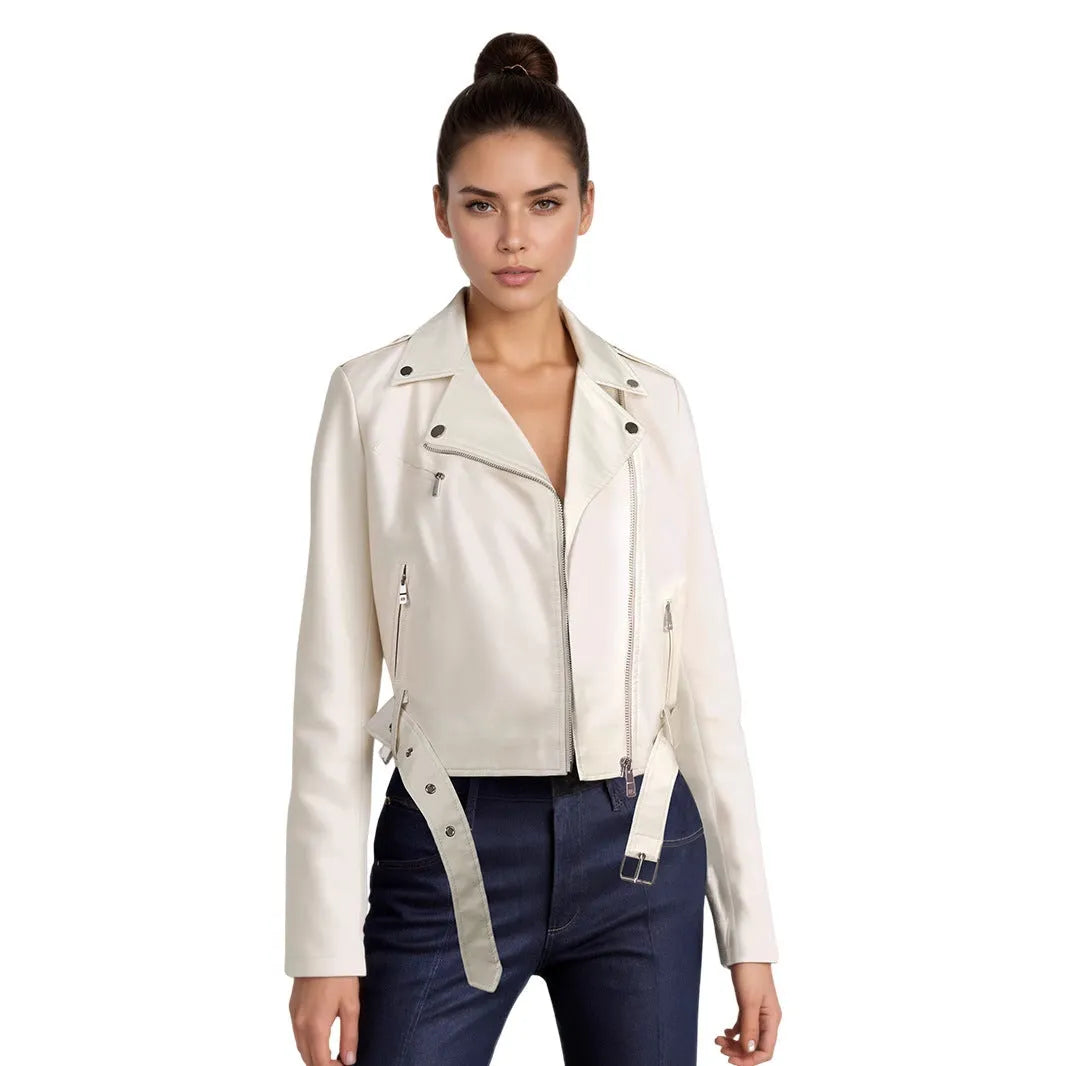 Women's black PU leather motorcycle jacket with lapel collar and a short belt fastened.