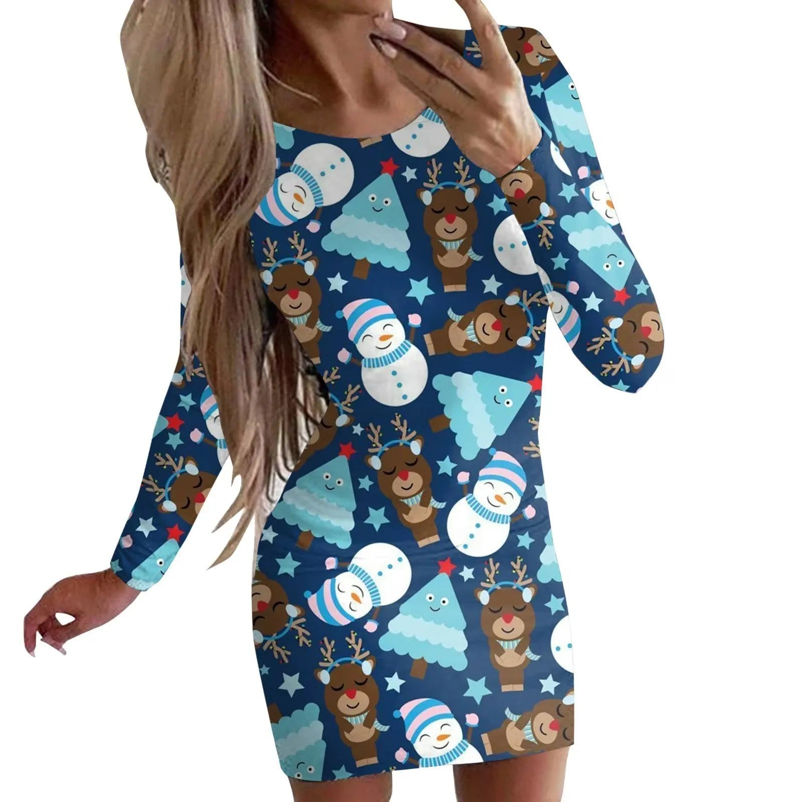 Women's Christmas printed polyester dress with animal pattern in floral colours, featuring round neck and long sleeves