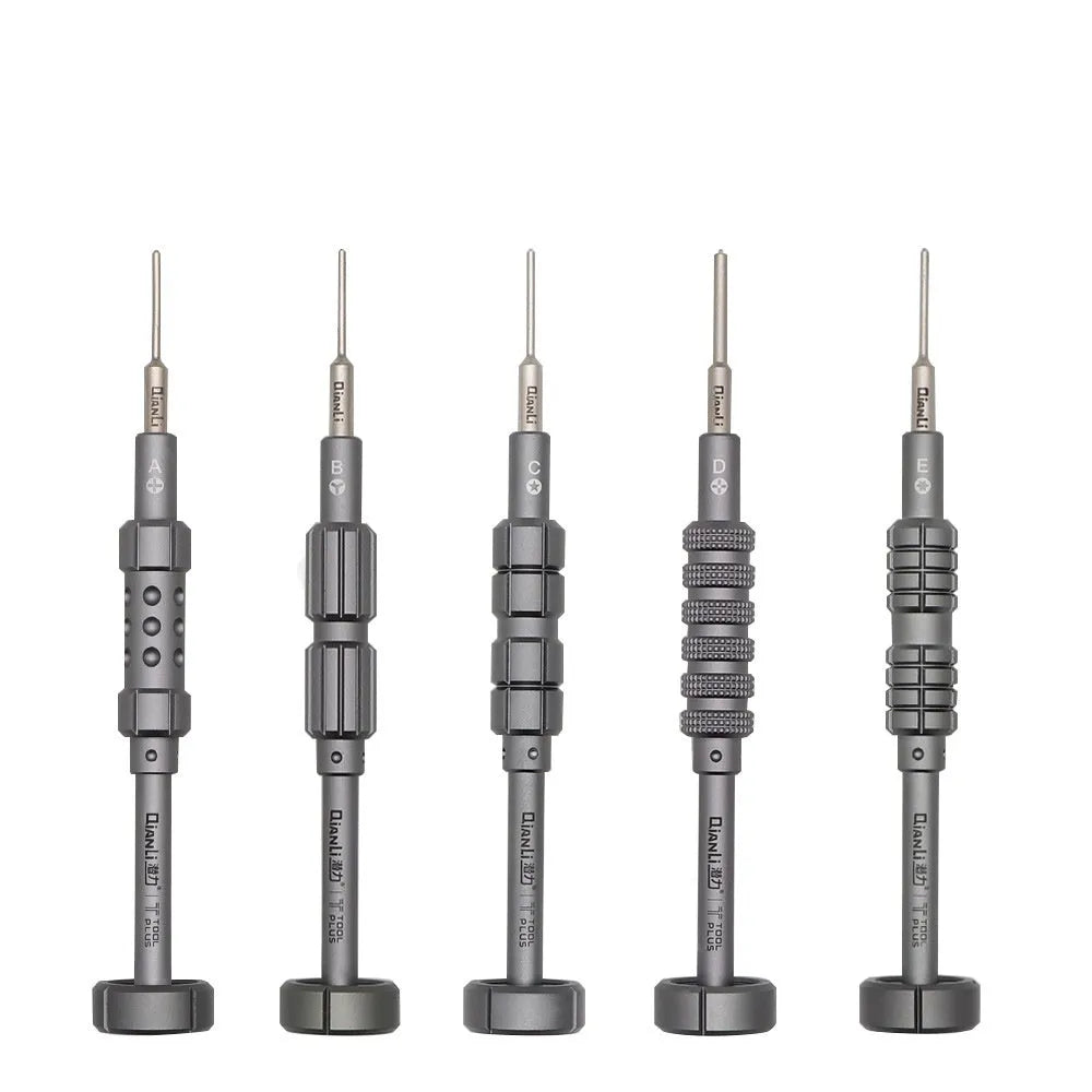 iPhone compatible precision screwdriver with grenade-shaped aluminium handle and five bit types including T2 cross triangle