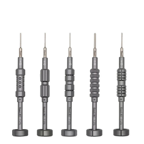 iPhone compatible precision screwdriver with grenade-shaped aluminium handle and five bit types including T2 cross triangle