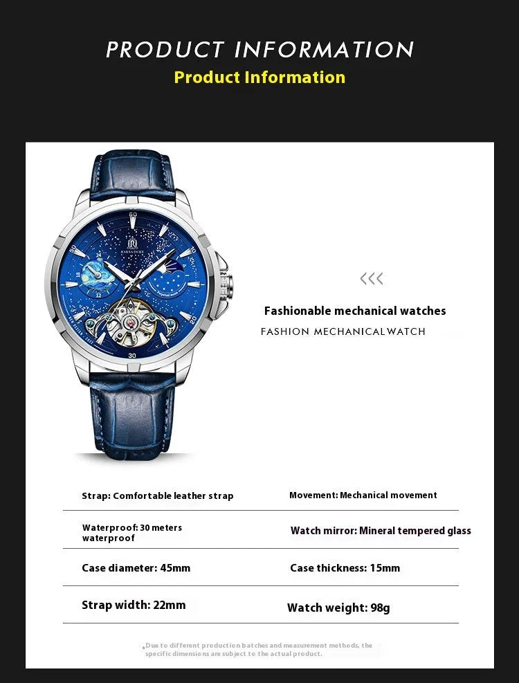 Men's blue dial automatic mechanical watch with stainless steel 42mm case
